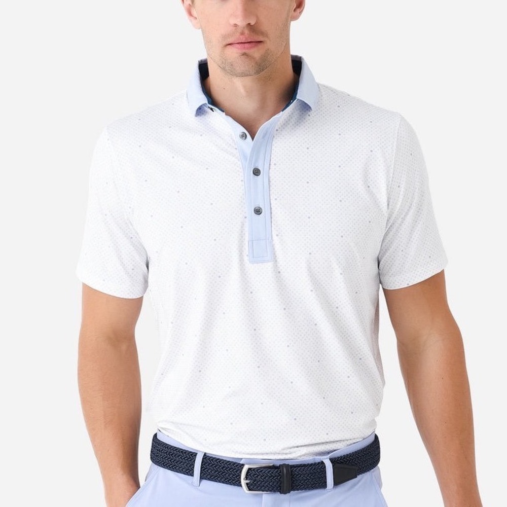 Greyson Polo Shirt Mens Large White Blue Geometric Print Short Sleeve Golf Tee